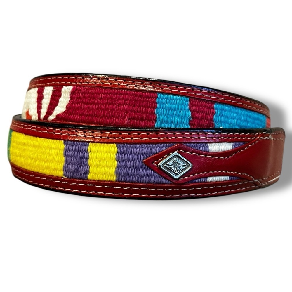 Fisher Belt Western Style Red Leather Tapestry NO BUCKLE Southwestern 32 Vintage